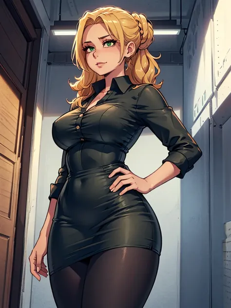 ((art by Kipteitei)), ((Masterpiece, best quality, perfect lighting, amazing shading)), (perfect anatomy, realistic proportions), field of depth, extremely beautiful, 1girl, (blond hair), long wavy hair, hair up, green eyes, pencil skirt, dress shirt, blac...