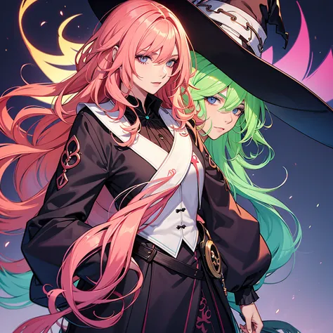 neon color hair,wavy shaggy hair,long hair,auntie,witch,aepron, hair over both eye