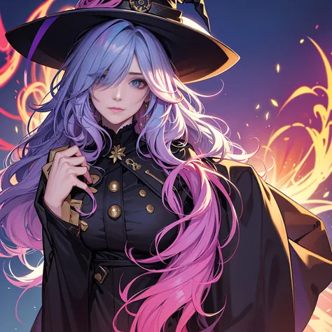 neon color hair,wavy shaggy hair,long hair,auntie,witch,aepron, hair over both eye