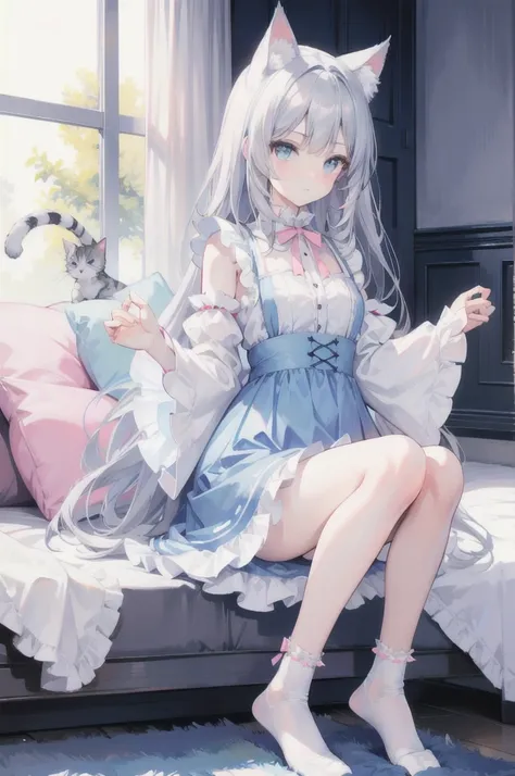 Gray Hair，Cat ear，Light blue eyes，light blue lolita，White socks，Pink ribbon，Playing with a cat