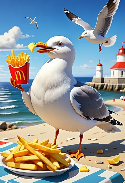 the art of math，fun illustrations，beautiful seaside，mr. seagull eats fries again，enjoy your holiday，relax，