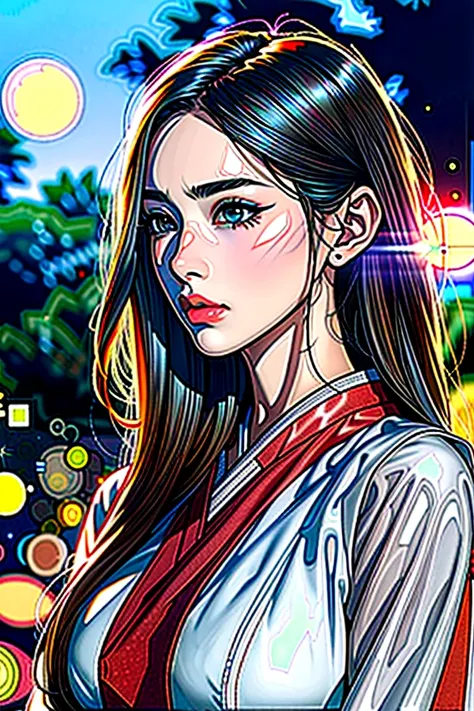 Best quality, masterpiece, A high resolution,, 1 girl, detailed face, (upper body:1.6),mountains and rivers, night, fireflies lights, realistic, rich in detail, (White Hanfu:1.2), (Beautiful body:1.4),very long hair, big hair, wet hair, multicolored eyes, ...