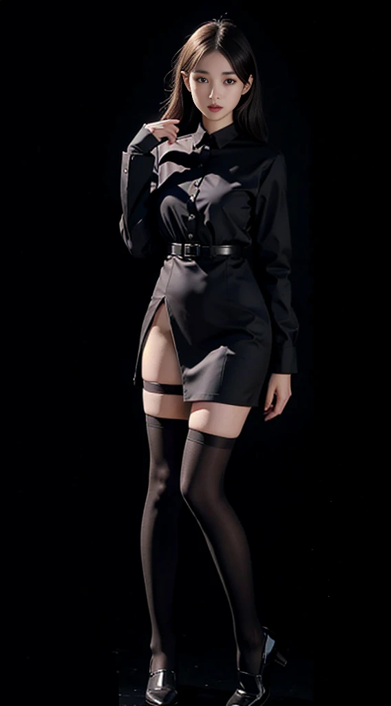 best quality, full body image, delicate face, beautiful face, 25 year old woman, Slender figure, small breasts, OL uniform, office clothes, black stockings, black gray background
