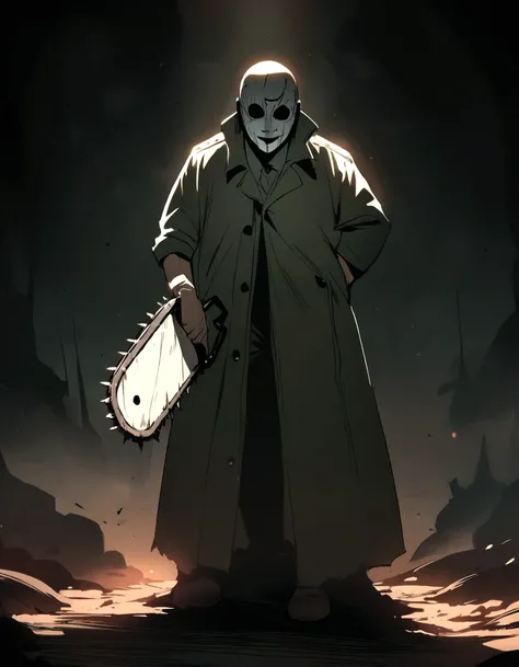 Man with horror mask, com uma jaqueta de couro, with hand holding a chainsaw, terror