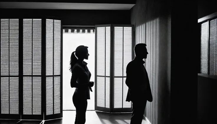 Visualize the dark silhouette profile of one woman and one man in room who talk to each other in backlit at night.There are silhouette profile of two people are in room who talk to each other in the ((darkened)) room,  silhouettes profile of a man and the ...