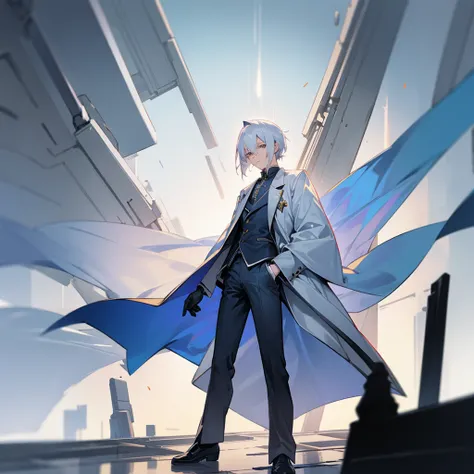 Male, anime style, 2d, young, white hair, dark blue coat, dark grey pants, standing pose, high definition, no background