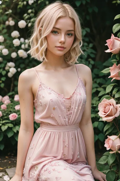 8k, RAW photo, Fujifilm, style photo of a beautiful young woman as avril in a garden of light pink roses (highly detailed skin: 1.2) Style-Petal BREAK short hair, blonde hair with colored locks, wearing a dress, film granulation, 35mm, cute style