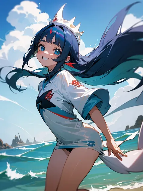 Uma garotinha de anime, muito fofa, com dentes afiados, with shark tail, olhos azuis lindos e brilhantes, with a shark-like shirt covering her private parts, cabelos brancos com algumas pontas azuis, pele clara, em uma praia ao por do sol, com um sorriso l...