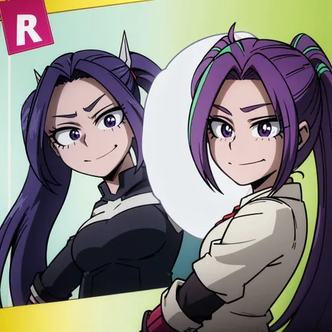 1girl, female focus, aria blaze, boku no hero academia, masterpiece, best quality, very aesthetic, absurdres, twintails hair, purple hair, lavender eyes, smirk, female hero outfit