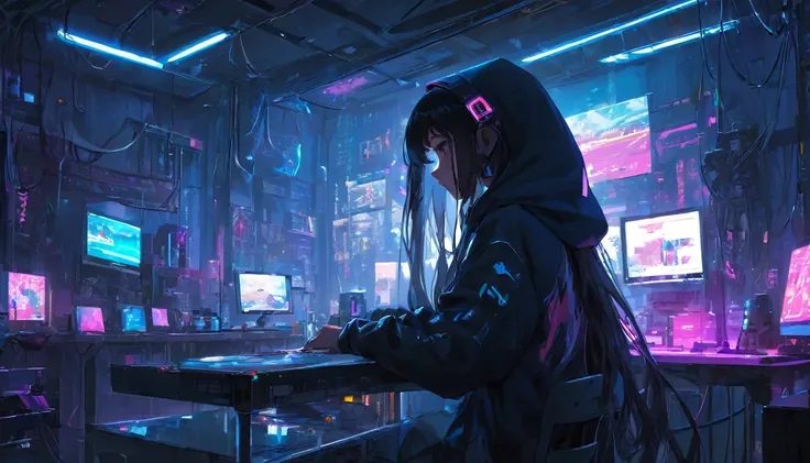 (best quality, masterpiece), 1 girl, hoodie, long hair, cosmetic, , cyberpunk style messy room. more neon. many machines of unkn...