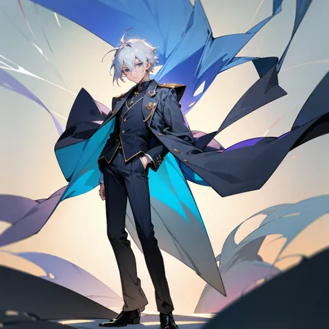 Male, anime style, 2d, young, white hair, dark blue coat, dark grey pants, standing pose, high definition, no background