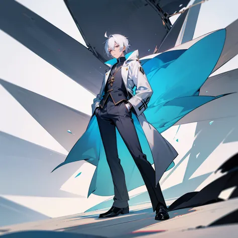 Male, anime style, 2d, young, white hair, dark blue coat, dark grey pants, standing pose, high definition, no background