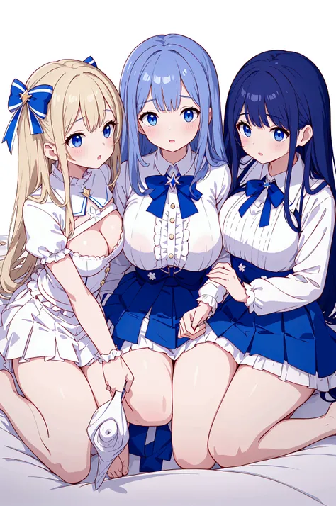 Plain white with emphasis on breastsＴshirt、Ultramarine and white striped mini skirt、When you lift up her skirt you can see her cute white frilly underwear.、barefoot、Three girls of different heights Magical girl with a magic wand Futon