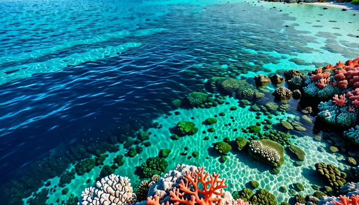 view of the sea surface with beautiful coral rocks. Beautiful abstract background concept banner for summer vacation at the beach.