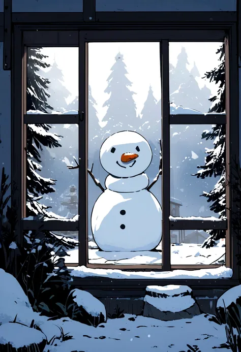 A snowman in front of a window