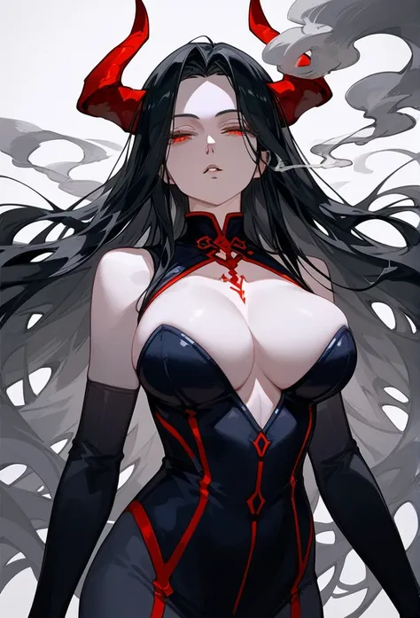 masterpiece, Score_9, Score_8_up, Score_7_up, front view, 1 woman, alone, black hair with red, long hair, parted bangs, dark red eyes, half-closed eyes, parted lips, expressionless, pale skin, large breasts, full body bodysuit, black background, best quali...