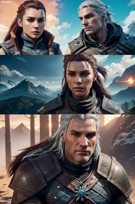 1. Background: Vibrant and futuristic open world setting.
2. Image: Collage featuring popular open world game characters (e.g., Geralt from Witcher 3, Aloy from Horizon Zero Dawn).
3. Text Overlay: "Top Open World Games in 100 Words!"
4. Vibrant color sche...