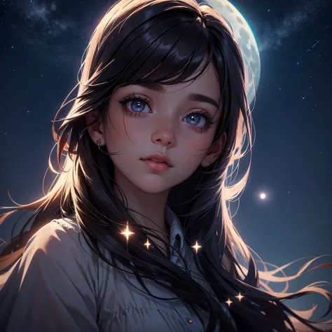 a beautiful night sky, full moon, moonlight, twinkling stars, 1girl looking up at the sky, long dark hair, dreamy expression, soft lighting, muted colors, atmospheric, cinematic, hyper detailed, intricate, photorealistic, masterpiece, 8k