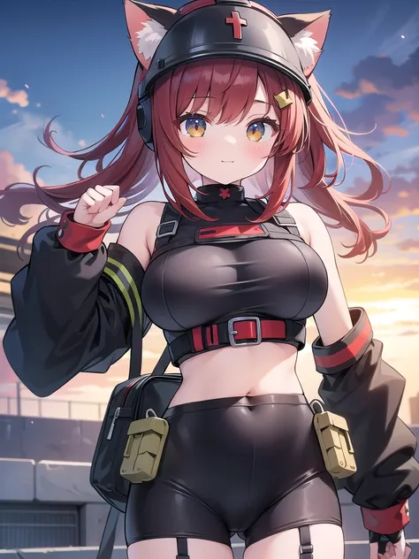 soldier,Helmet,girl,belly button,Big Breasts,Cat ear,Red and black clothes