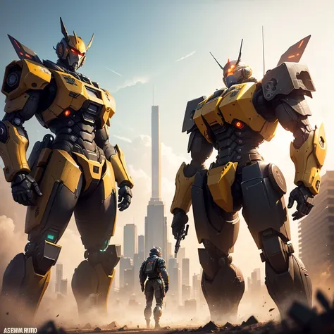 Transforming war robots are in a battle with a city in the background., A man stands in front of the Abejorro mech，basado en abejorro, robot amarillo, Abejorro, wojtek fus, akira y abejorro, de transformadores, tendencia en artstation 4k, Tema amarillo del...