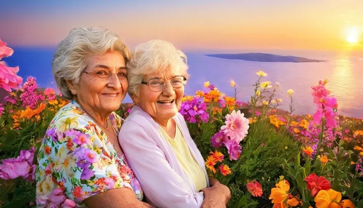  beautiful, flowers, sunset, happy grandma