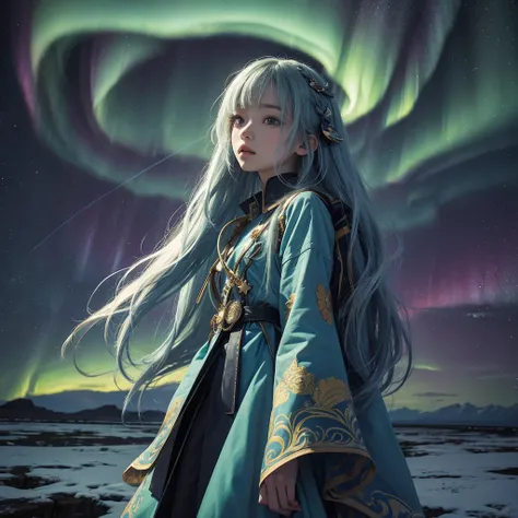 trippy art,aurora borealis,long hair girl,starrysky。