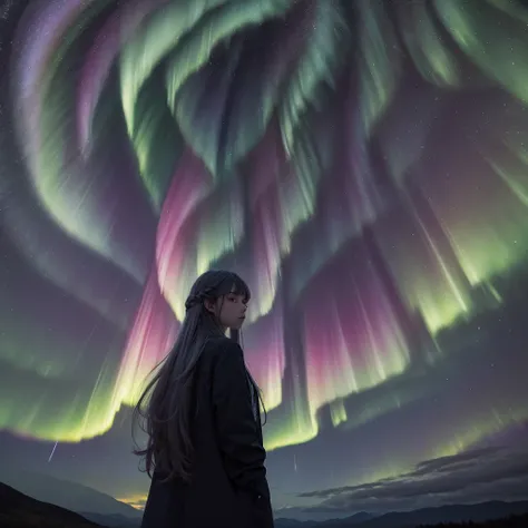 trippy art,aurora borealis,long hair girl,starrysky。