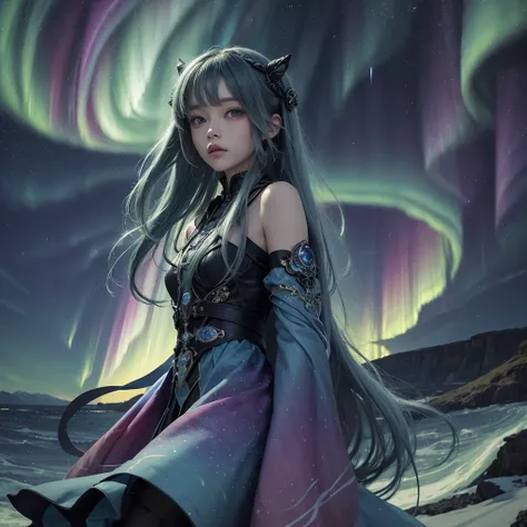 trippy art,aurora borealis,long hair girl,starrysky。