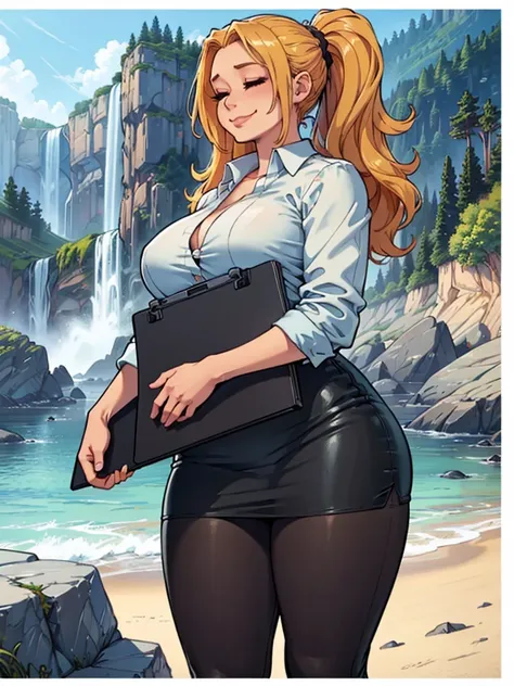 ((art by Kipteitei)), ((Masterpiece, best quality, perfect lighting, amazing shading)), (perfect anatomy, realistic proportions), field of depth, extremely beautiful, 1girl, (blond hair), long wavy hair, hair up, closed eyes, pencil skirt, dress shirt, bla...