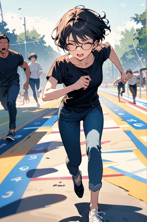 masterpiece，woman,best quality, very beautiful, absurd, Playground runway，A short-haired man with glasses and wearing a shirt and jeans is running，Right arm，collapse