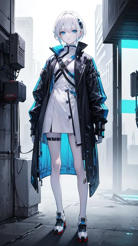 masterpiece, standing picture, cyberpunk costume, androgynous, girl, white hair, bobbed hair, natural short, light blue eyes, short height, pure white skin, light pigment, ghost, highest quality