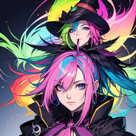 neon rainbow color hair,shaggy hair,auntie,witch,aepron, hair over both eye