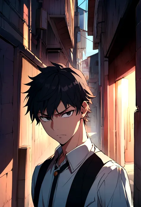 High school teenage boy, restaurant delivery courier outfit, with a firm, intimidating face, black eyes, short black hair, in the background of an alley in the late afternoon