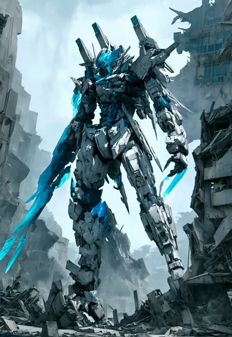 ,HD, high resolution, intricate details,shitu-mecha,1 giant robot, 1 mech girl, ruins, broken building fragments, standing, flowing, cold, firm, determined, confident, sense of tension, dramatic effect, powerful image,Blue and white tones theme.