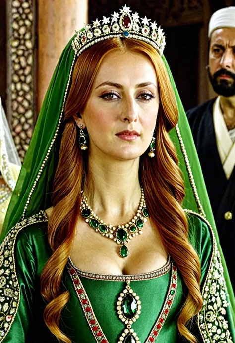 Middle Ages, Sultana Hurrem, Cabelos ruivos, russa, wife of sultan suleiman, linda, de vestido caro, coroa e um anel verde, sentada
