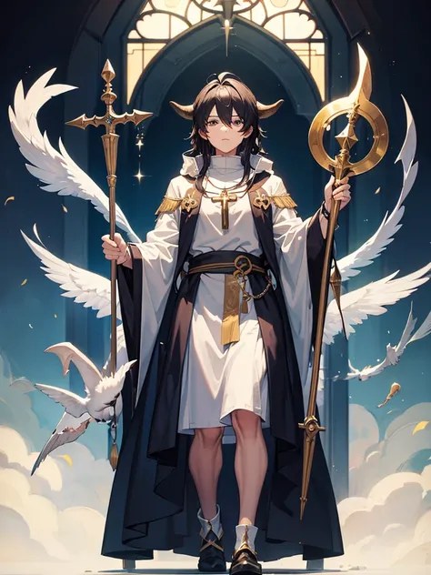 Priest, big chest, withe hair, goat horn, Hand in hand.,full body, a church, witch staff, hold staff