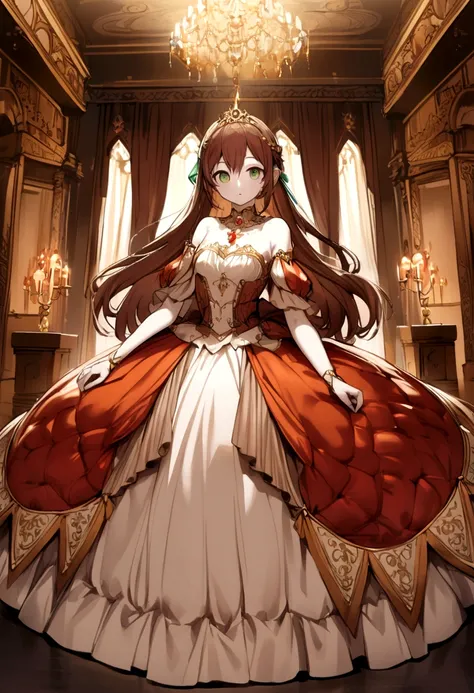 A girl with white skin and caramel-colored reddish brown hair and green eyes while wearing a princess dress while in a palace