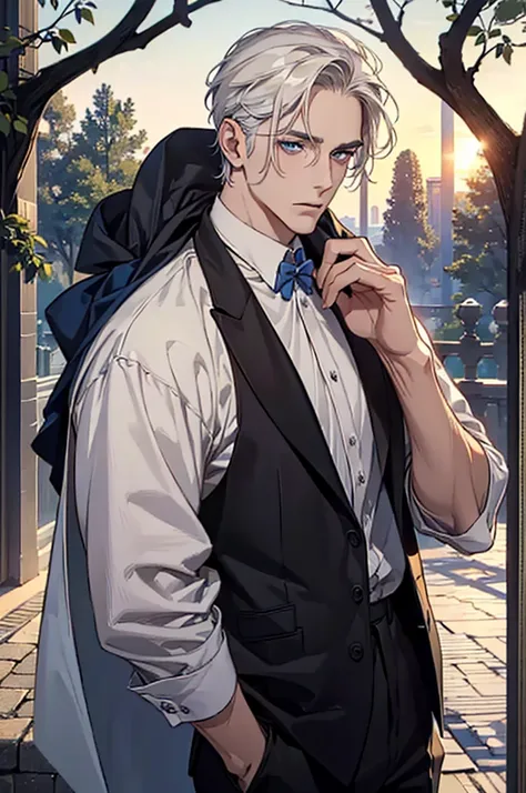 ((masterpiece:1.2, Best quality)), 4k, adult, European face, 1 person, male, mature, masculine, Beautiful, very tall, Muscles, broad shoulders, dark casual wear, White skin, medium white hair, Blue eyes, portrait, sunset, old house with apple trees. 
