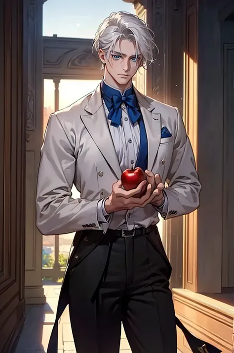 ((masterpiece:1.2, Best quality)), 4k, adult, European face, 1 person, male, mature, masculine, Beautiful, very tall, Muscles, broad shoulders, dark casual wear, White skin, medium white hair, Blue eyes, portrait, sunset, old house with apple trees. 
