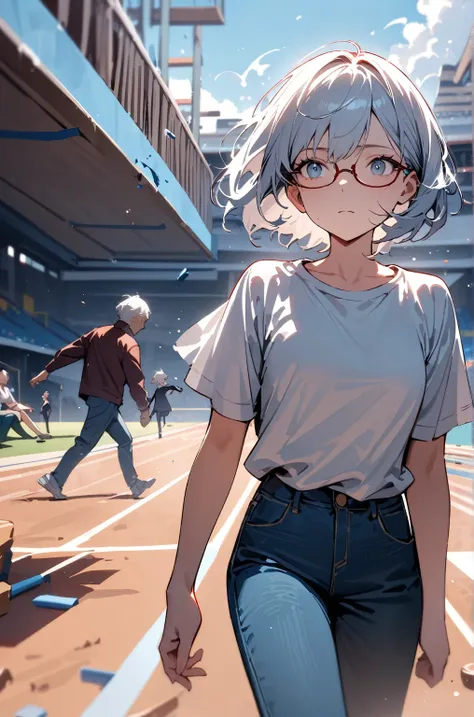 masterpiece，woman,best quality, very beautiful, absurd, No one on the playground track，A man with short hair and glasses wearing a shirt and jeans is walking，Right arm，collapse