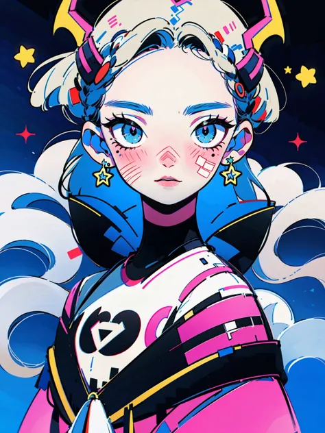 4lb1n0, 1girl, neon purple hair, Big eyes, Flower pattern on eyes, Pupil shape, glowing cyan eyes, star-shaped earrings, holographic jacket, metallic silver lipstick, portrait with confident pose, neon cityscape background, masterpiece, best quality, cut3h...