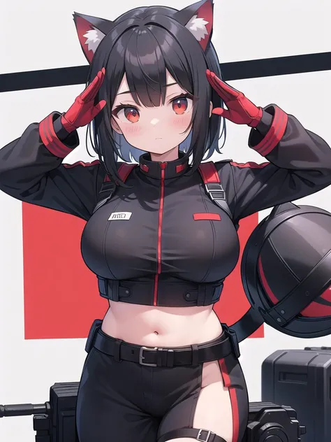 soldier,Red Mark,Black helmet,girl,belly button,Big Breasts,Cat ear,Red and black clothes,salute,Black Hair Boyish