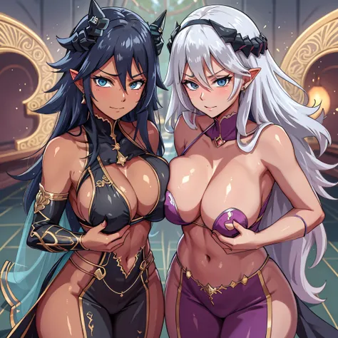 En la imagen se observan dos personajes femeninos de estilo anime, both with a sensual and exotic appearance. The two girls are dressed in revealing outfits that appear to be of Arabic or Egyptian inspiration., compuestos por telas ligeras y accesorios dor...