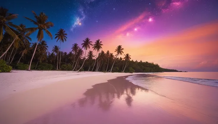 "A beach with clear, bright blue water, soft white sand, beautiful coconut trees, a sunset sky with orange-red clouds, blending soft colors of blue, purple, orange, and red, with stars beginning to appear and a falling comet in the night sky."