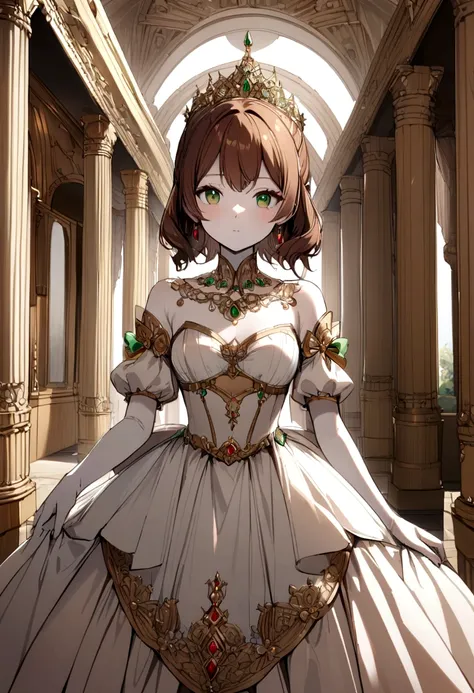 A girl with white skin and caramel-colored reddish brown hair and green eyes while wearing a princess dress while in a palace