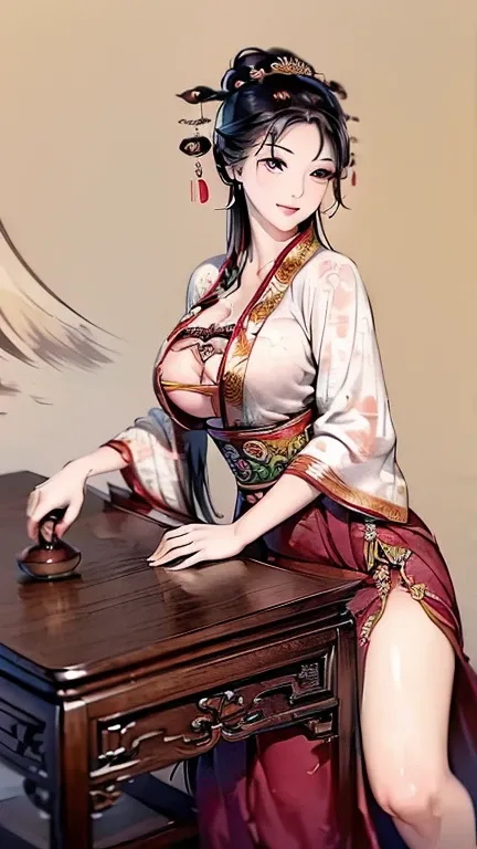 ((High Definition Chinese Traditional Ink Painting, hanfu)), Eye size, Drooping eyes, Smile,(((Full and soft breasts,)))(((Large Breasts))) (((Cleavage))), ((Open your legs, Standing with my crotch slammed against the corner of the table)), ((, Large areol...