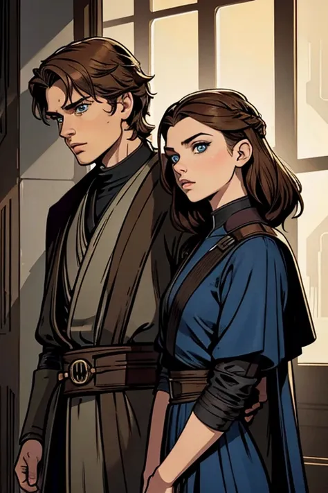 Anakin Skywalker and a senator identical to Natalie Dormer in Star Wars but the senator has brown hair and blue eyes, son esposos