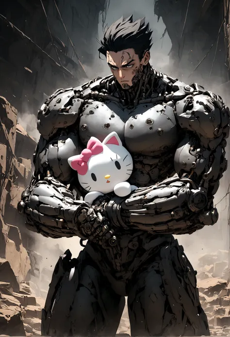 A metal boy with attractive features, long black hair, gray eyes, tattooed, with a strong body and intimidating expression, holding a hello Kitty stuffed animal 