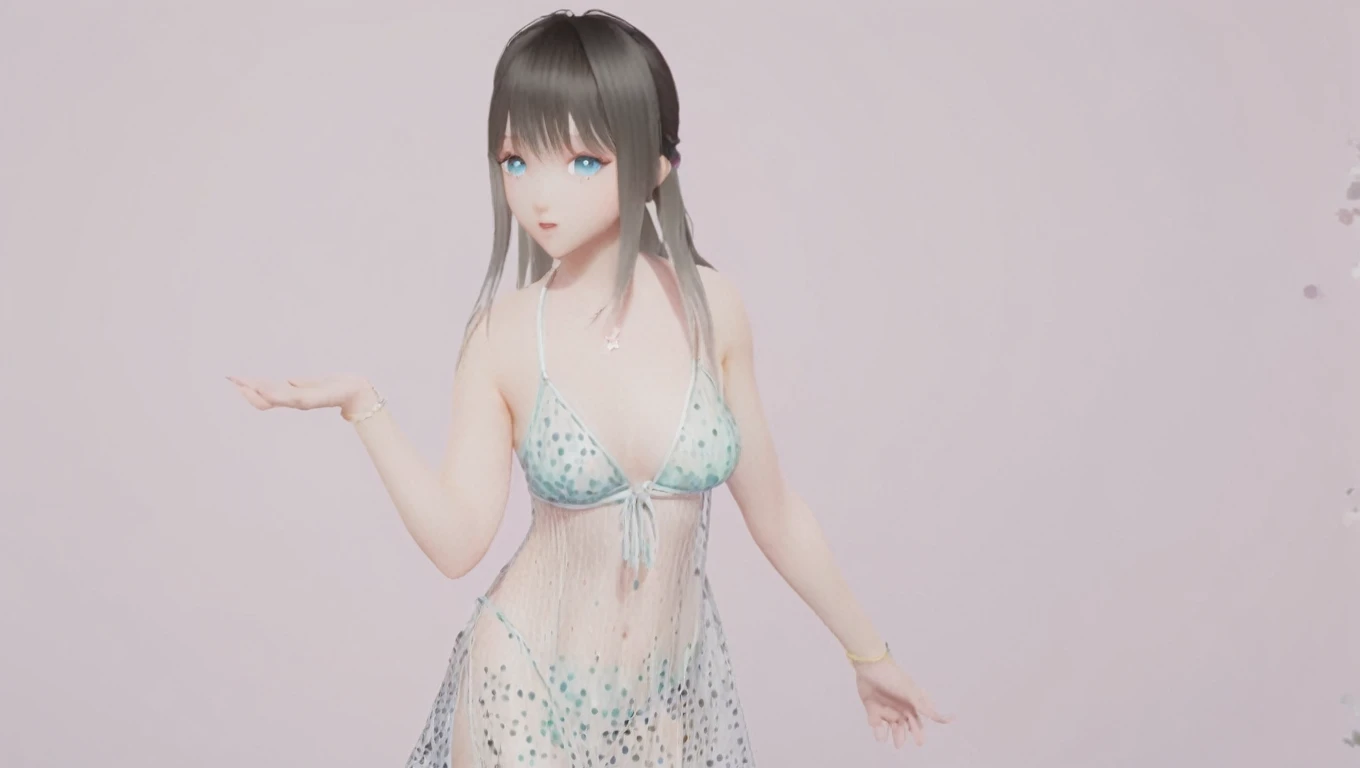 (8k, best quality, masterpiece), (ultra-detailed:1.1), (high detailed skin),1girl, arms_behind_back, bangs, bikini, blue_eyes, breasts, cowboy_shot, long_hair, looking_at_viewer, parted_lips, polka_dot, polka_dot_bikini, see-through, dress,solo, standing, ...