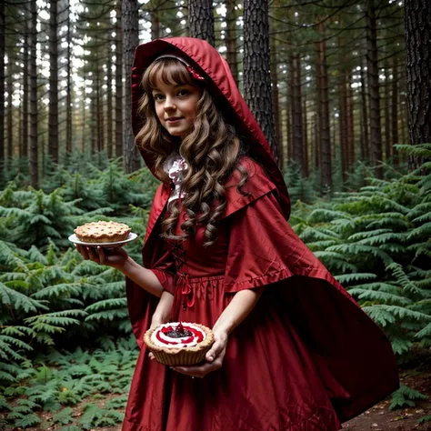 Little Red Riding Hood in the forest, in the hands of a currant with pies